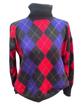VTG 90s Classiques Nordstrom Pure Wool Argyle Turtleneck M Dark Academia Preppy